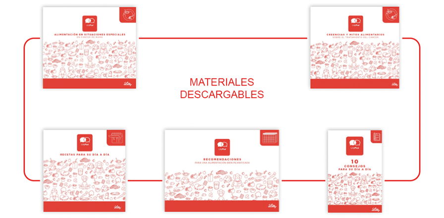 Infografía de presentación de los materiales descargables, compuesta de la portada de cinco materiales