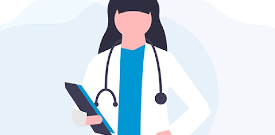Ilustración minimalista de una doctora morena con estetoscopio y un dossier de informe cogido en la mano